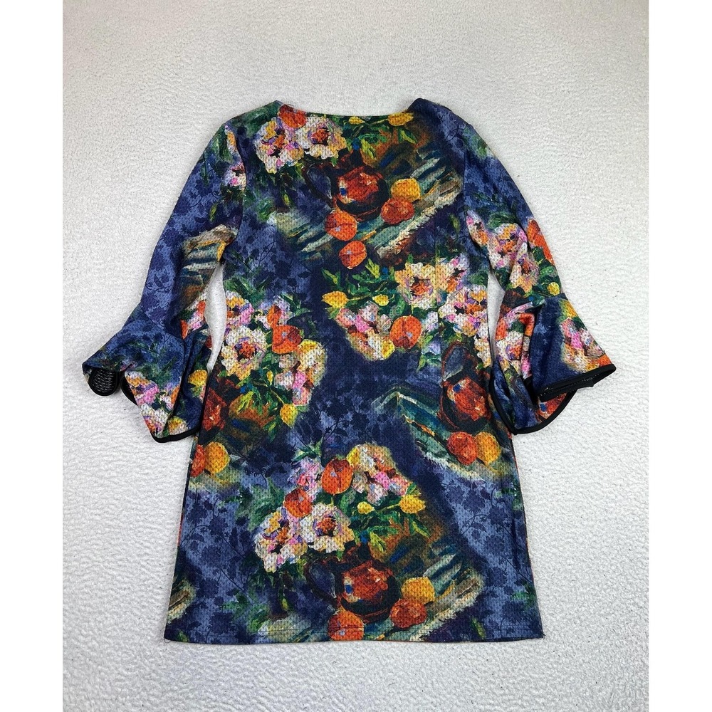 Papillon‎ Dress Womens Large Blue Floral Bell Sleeve Short Shift Knit Statement
